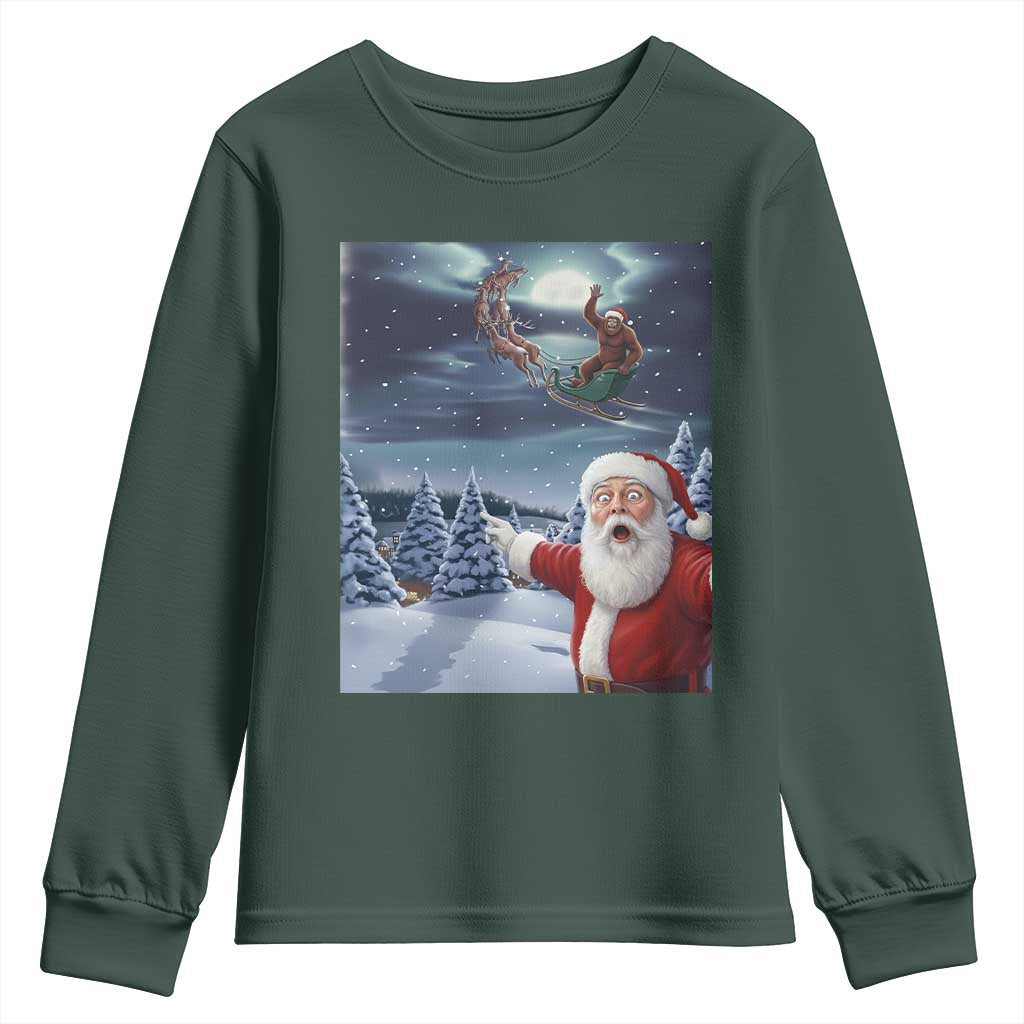 Funny Santa With Bigfoot Selfie Christmas Youth Sweatshirt TS14 Dark Forest Green Print Your Wear