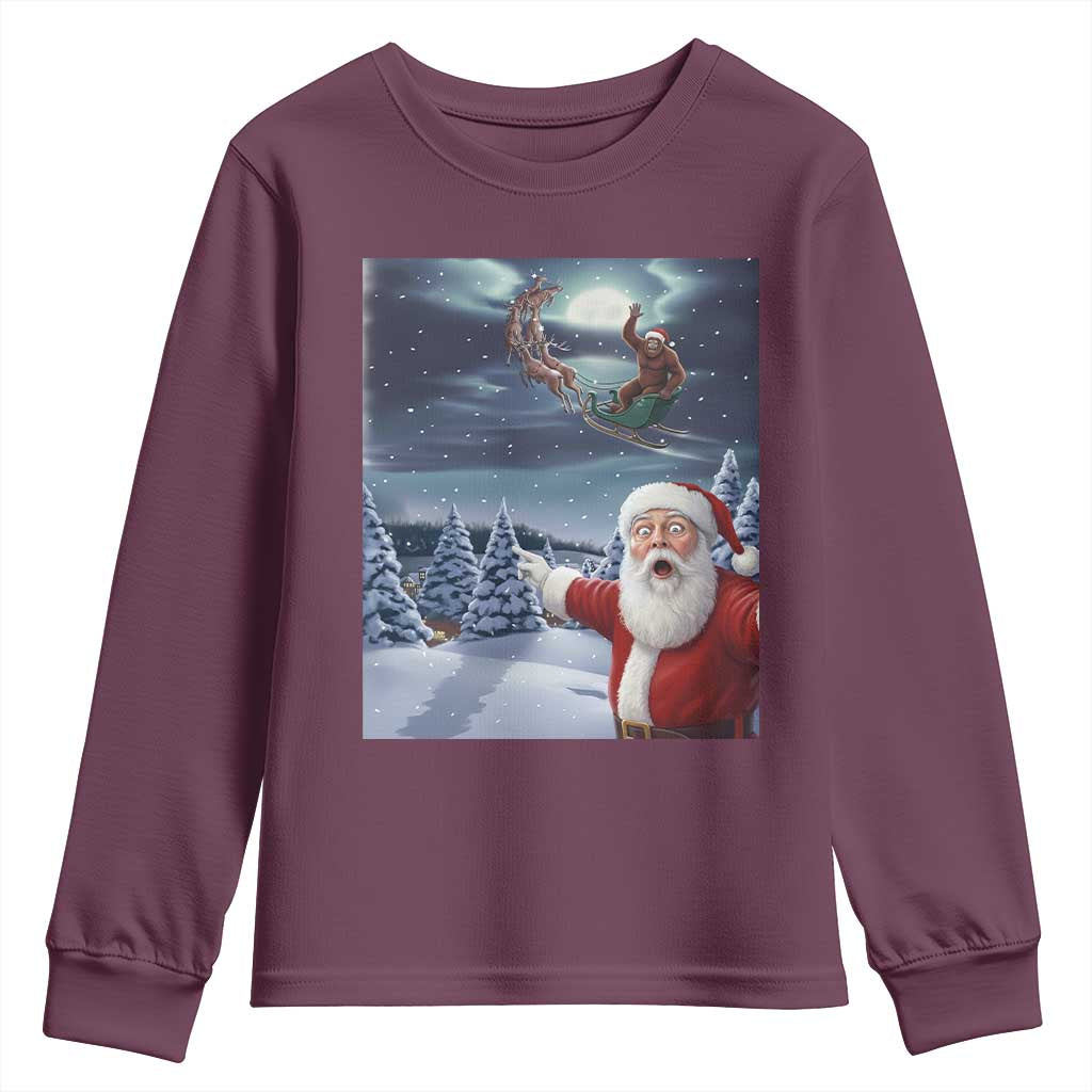 Funny Santa With Bigfoot Selfie Christmas Youth Sweatshirt TS14 Maroon Print Your Wear