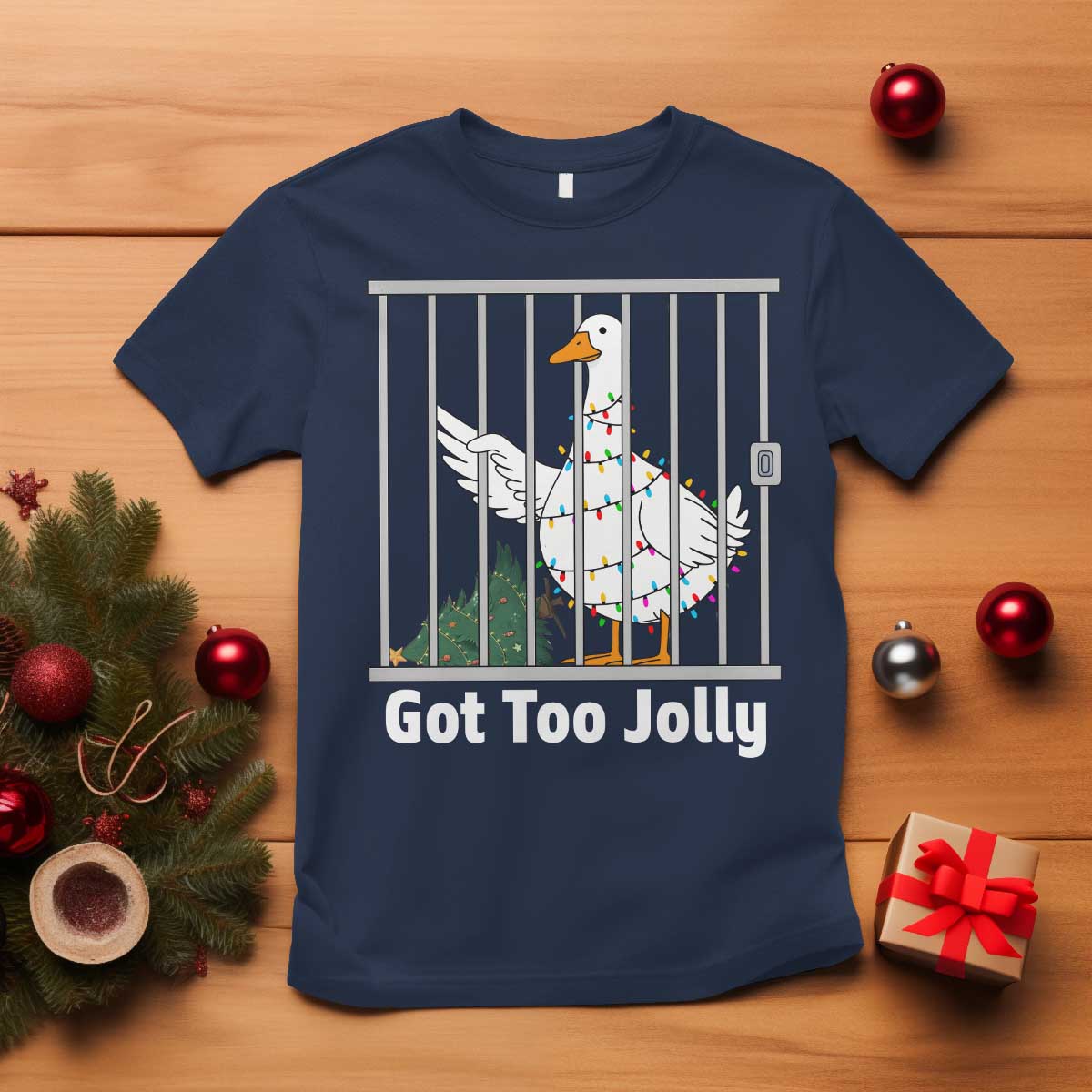 Funny Goose Christmas T Shirt Got Too Jolly TS14 Navy Print Your Wear