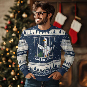 Funny Goose Xmas Ugly Christmas Sweater Got Too Jolly TS14 Navy Beige Print Your Wear
