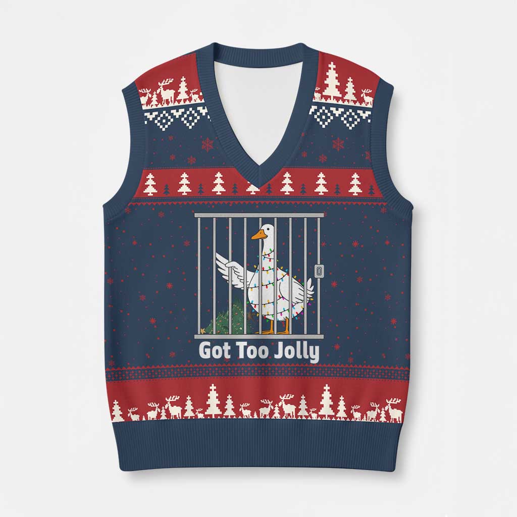 Funny Goose Xmas V-Neck Knit Sweater Vest Got Too Jolly TS14 Navy Red Print Your Wear