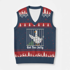 Funny Goose Xmas V-Neck Knit Sweater Vest Got Too Jolly TS14 Navy Red Print Your Wear