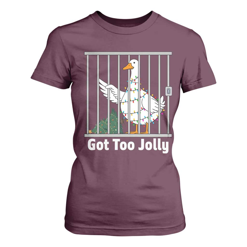 Funny Goose Christmas T Shirt For Women Got Too Jolly TS14 Maroon Print Your Wear
