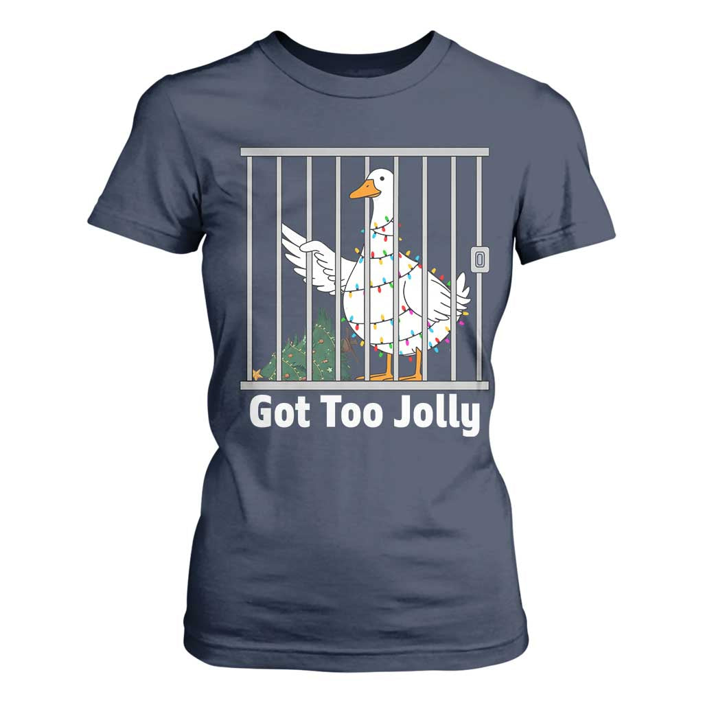 Funny Goose Christmas T Shirt For Women Got Too Jolly TS14 Navy Print Your Wear