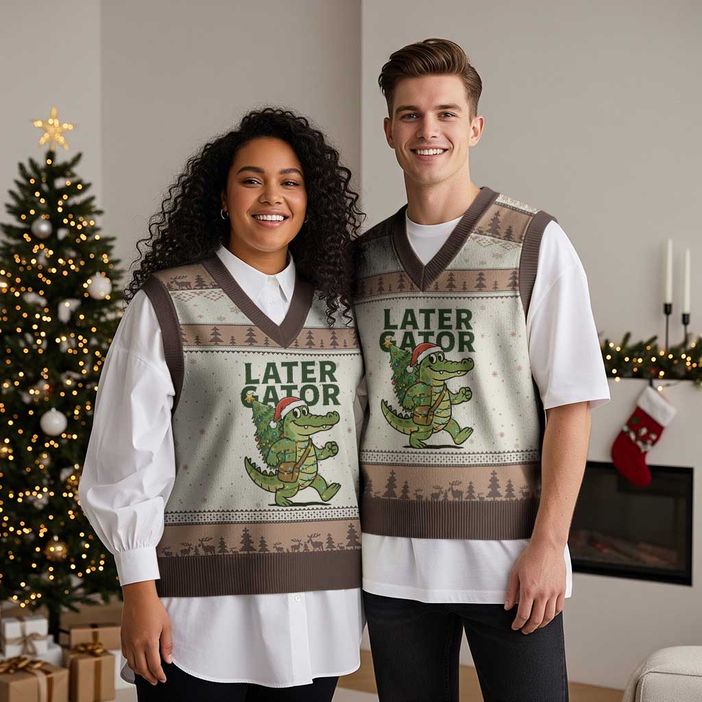 Funny Alligator Xmas V-Neck Knit Sweater Vest Lator Gator TS14 Mocha Mousse Print Your Wear