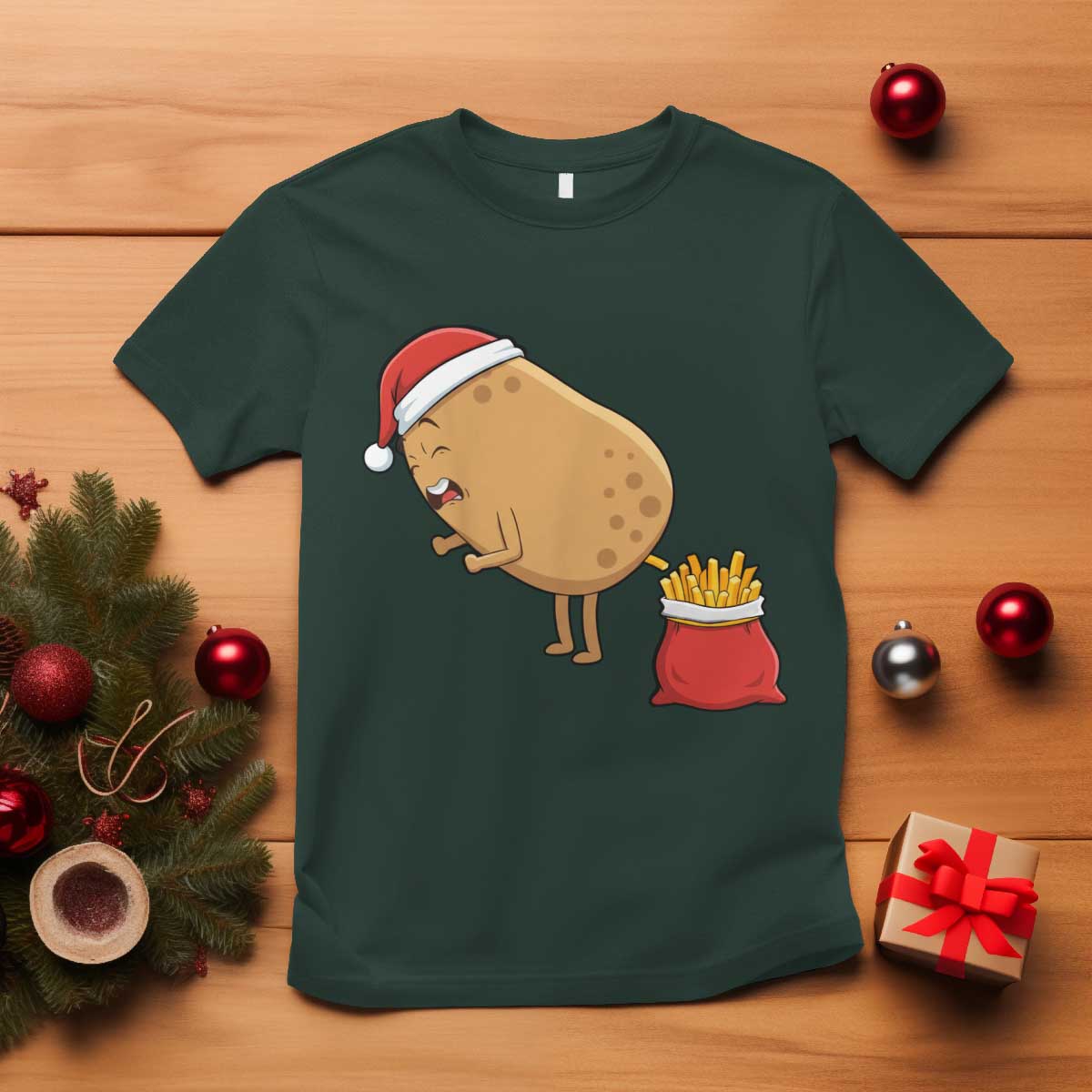 Funny French Fries Christmas T Shirt Potato Food Eaters TS14 Dark Forest Green Print Your Wear