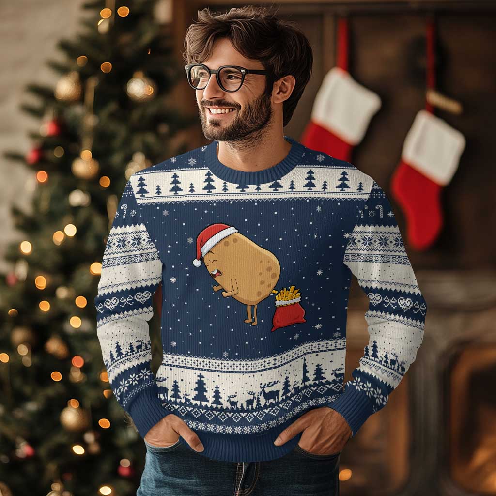 Funny French Fries Xmas Ugly Christmas Sweater Potato Food Eaters TS14 Navy Beige Print Your Wear
