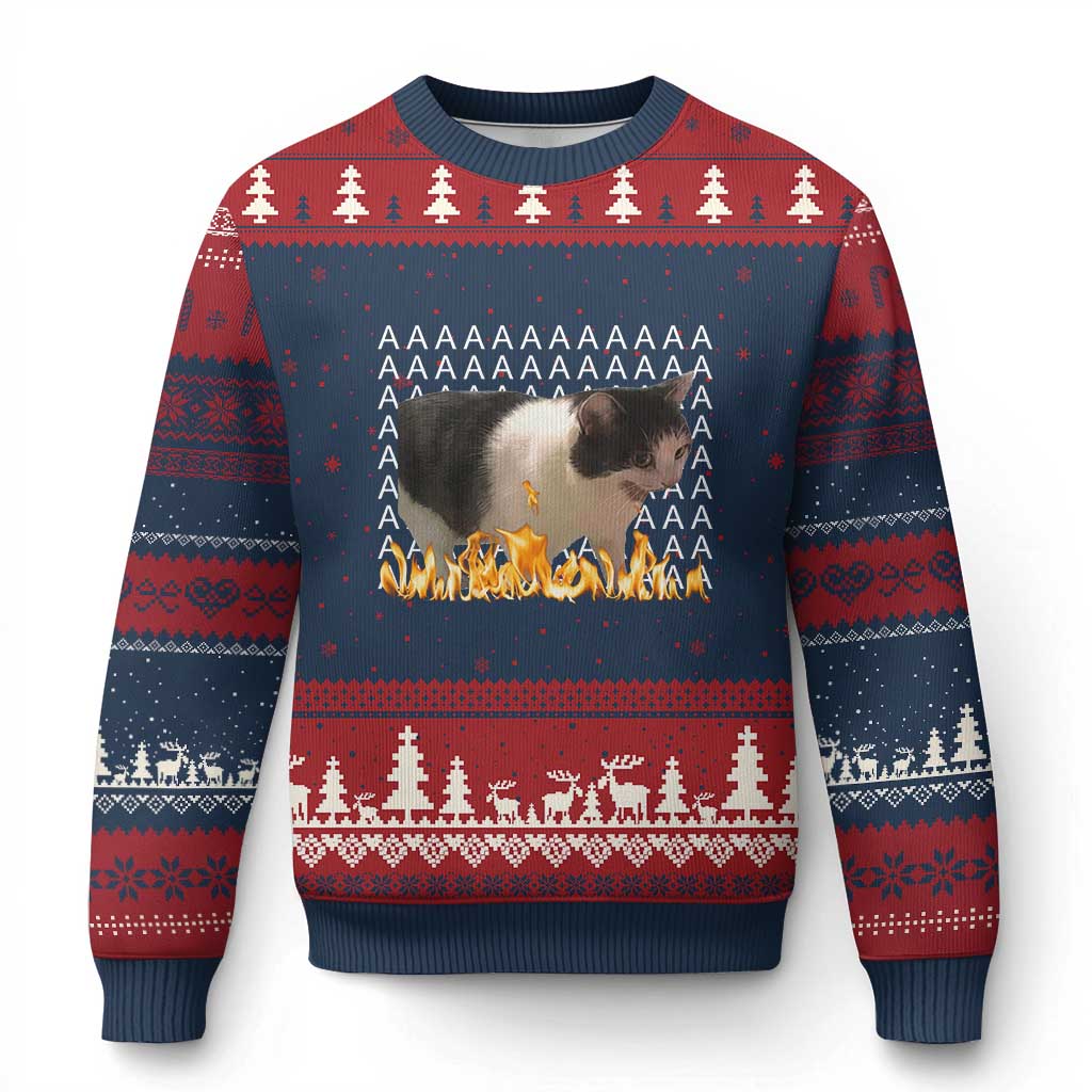 Screaming Cat Meme Ugly Christmas Sweater Funny Internet Gen Z Cat Lover TS14 Navy Red Print Your Wear