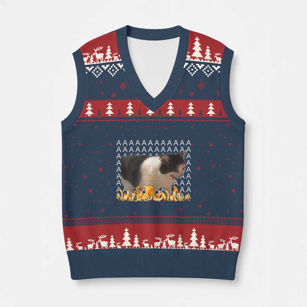 Screaming Cat Meme V-Neck Knit Sweater Vest Funny Internet Gen Z Cat Lover TS14 Navy Red Print Your Wear