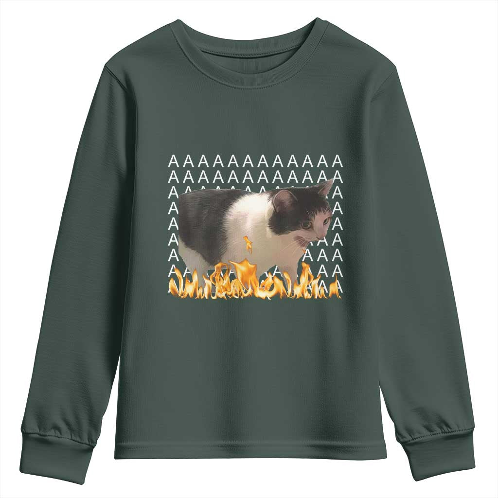 Screaming Cat Meme Youth Sweatshirt Funny Internet Gen Z Cat Lover TS14 Dark Forest Green Print Your Wear