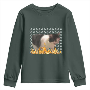 Screaming Cat Meme Youth Sweatshirt Funny Internet Gen Z Cat Lover TS14 Dark Forest Green Print Your Wear