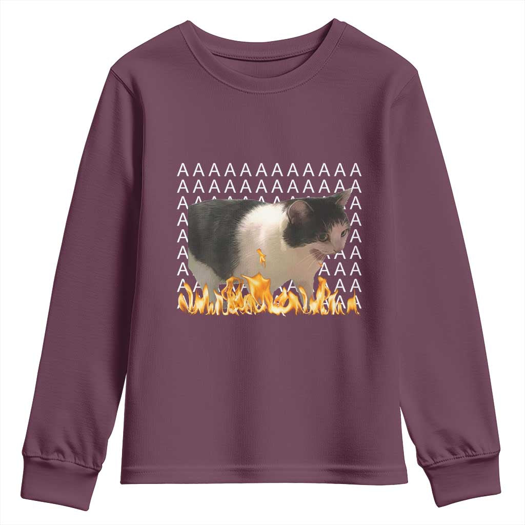 Screaming Cat Meme Youth Sweatshirt Funny Internet Gen Z Cat Lover TS14 Maroon Print Your Wear
