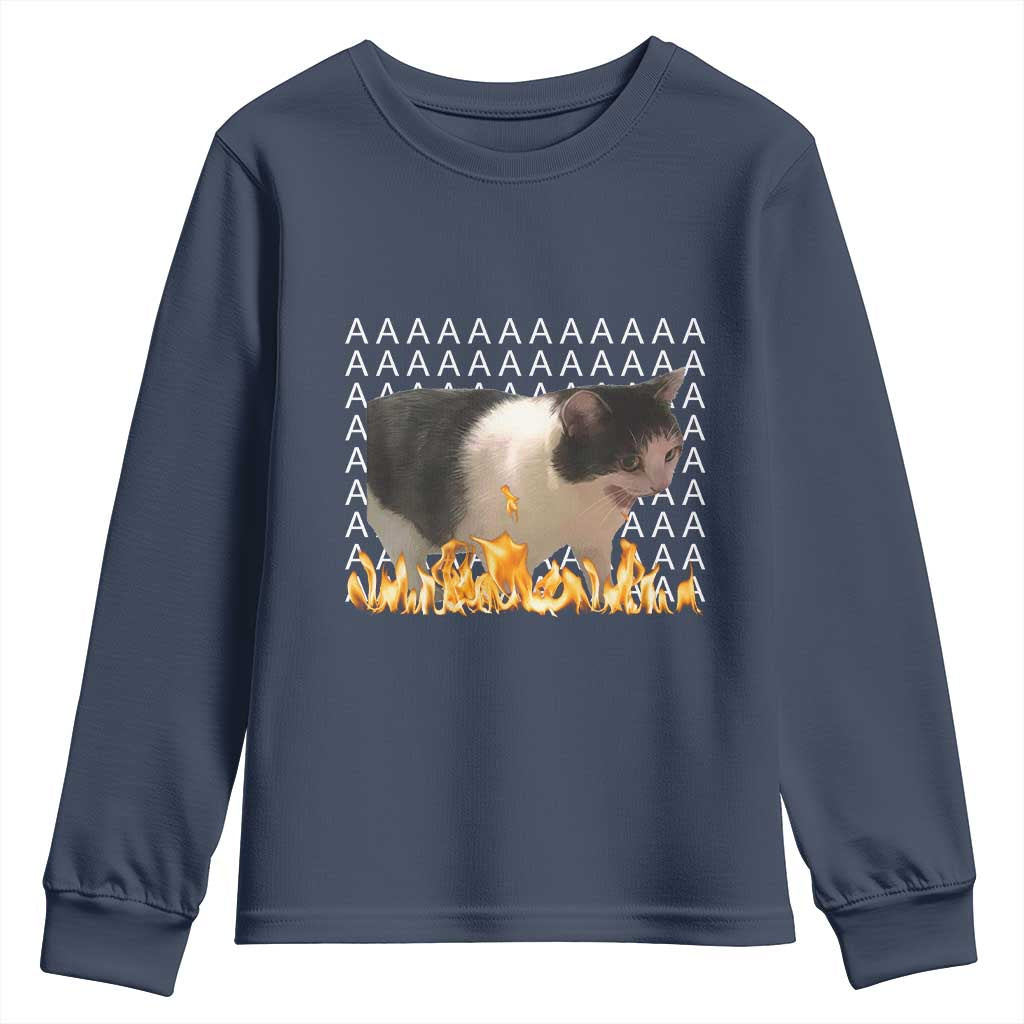 Screaming Cat Meme Youth Sweatshirt Funny Internet Gen Z Cat Lover TS14 Navy Print Your Wear