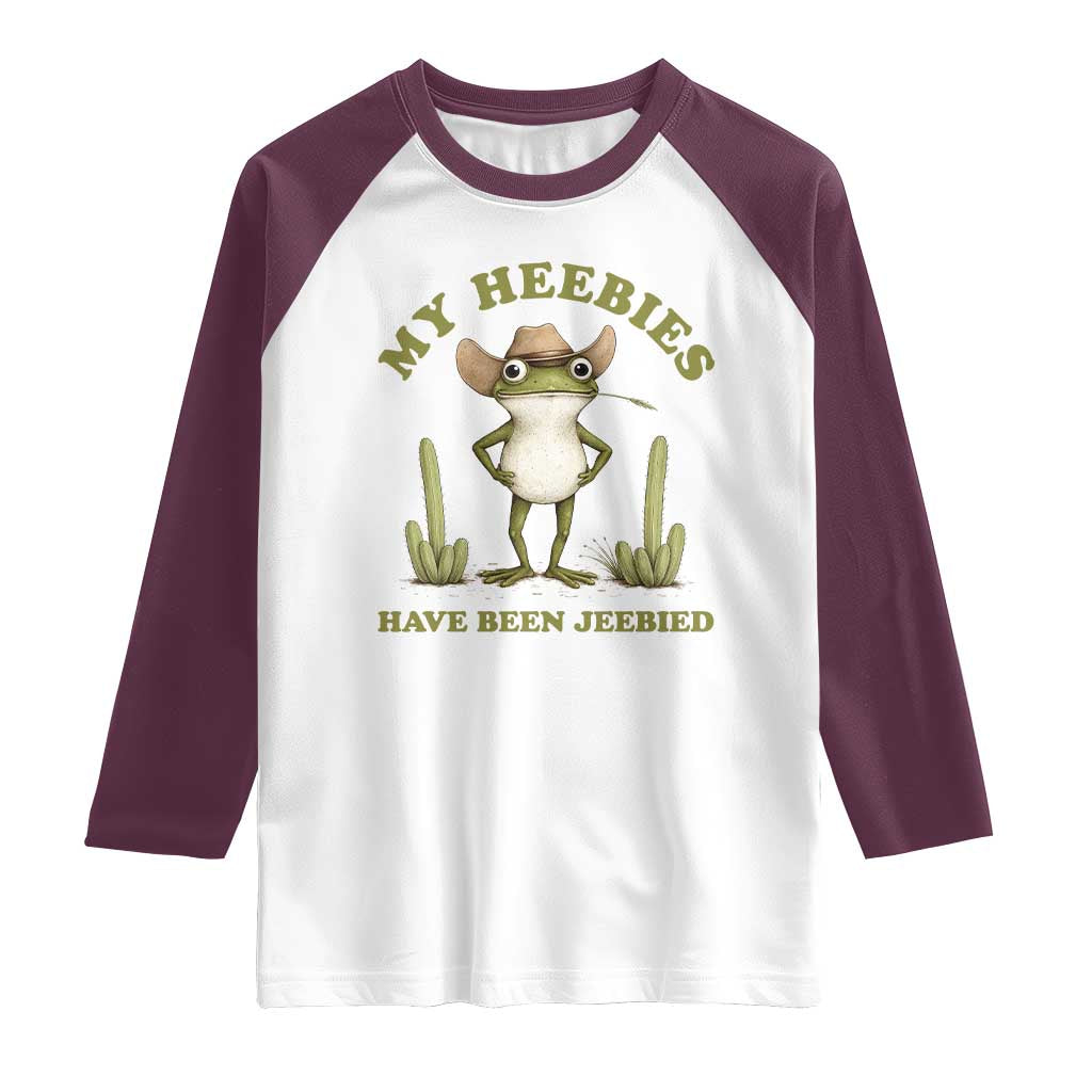 Funny Cowboy Frog Meme Raglan Shirt My Heebies Have Been Jeebied TS14 White Maroon Print Your Wear