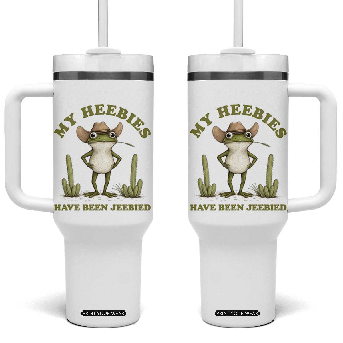 Funny Cowboy Frog Meme Tumbler With Handle My Heebies Have Been Jeebied TS14 One Size: 40 oz White Print Your Wear