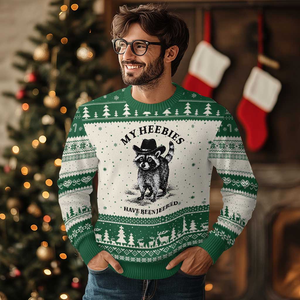 Funny Cowboy Raccoon Meme Ugly Christmas Sweater My Heebies Have Been Jeebied TS14 Beige Green Print Your Wear