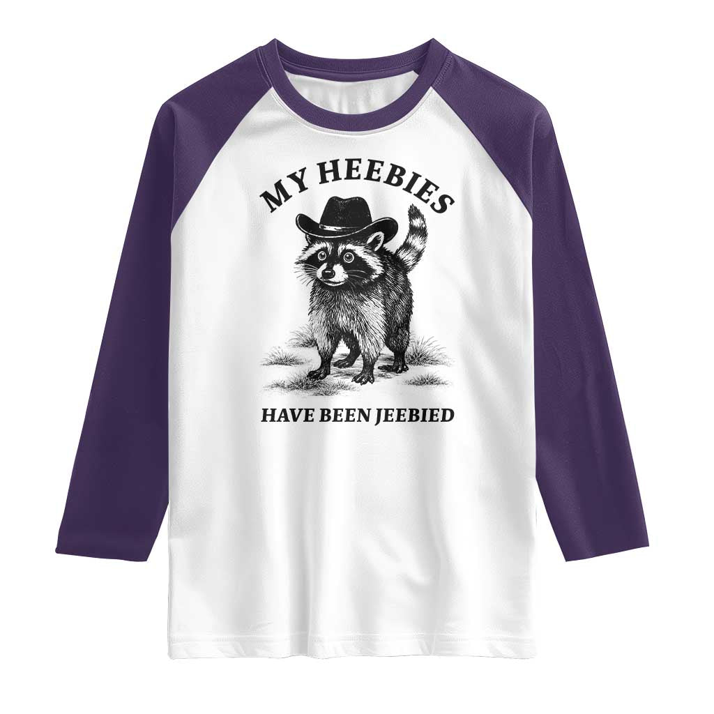 Funny Cowboy Raccoon Meme Raglan Shirt My Heebies Have Been Jeebied TS14 White Purple Print Your Wear