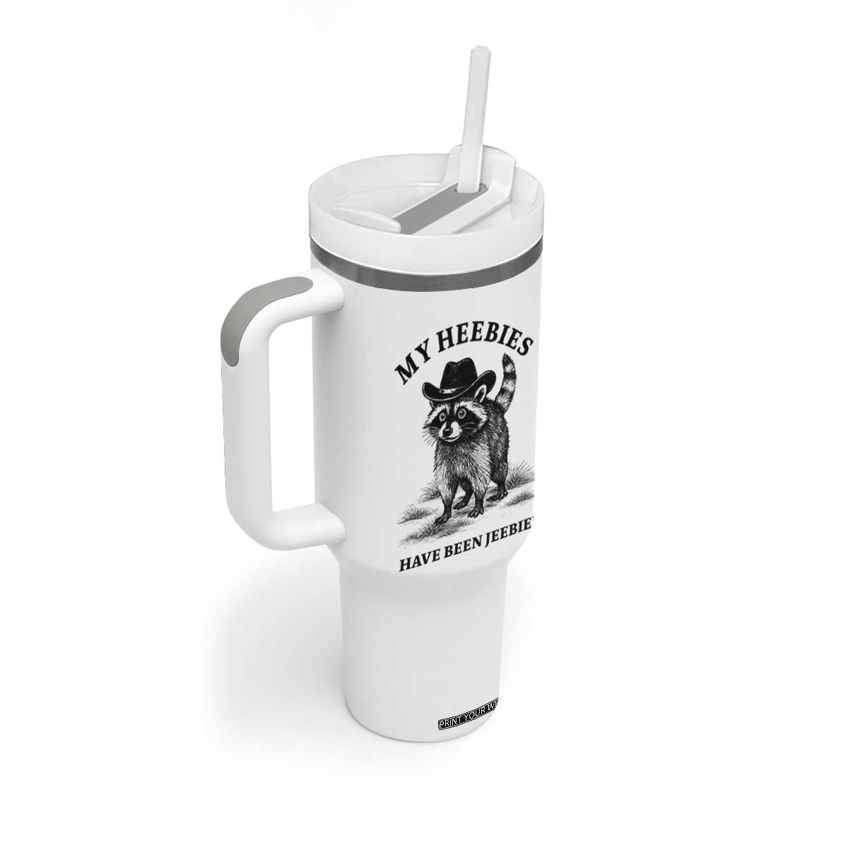 Funny Cowboy Raccoon Meme Tumbler With Handle My Heebies Have Been Jeebied TS14 Print Your Wear
