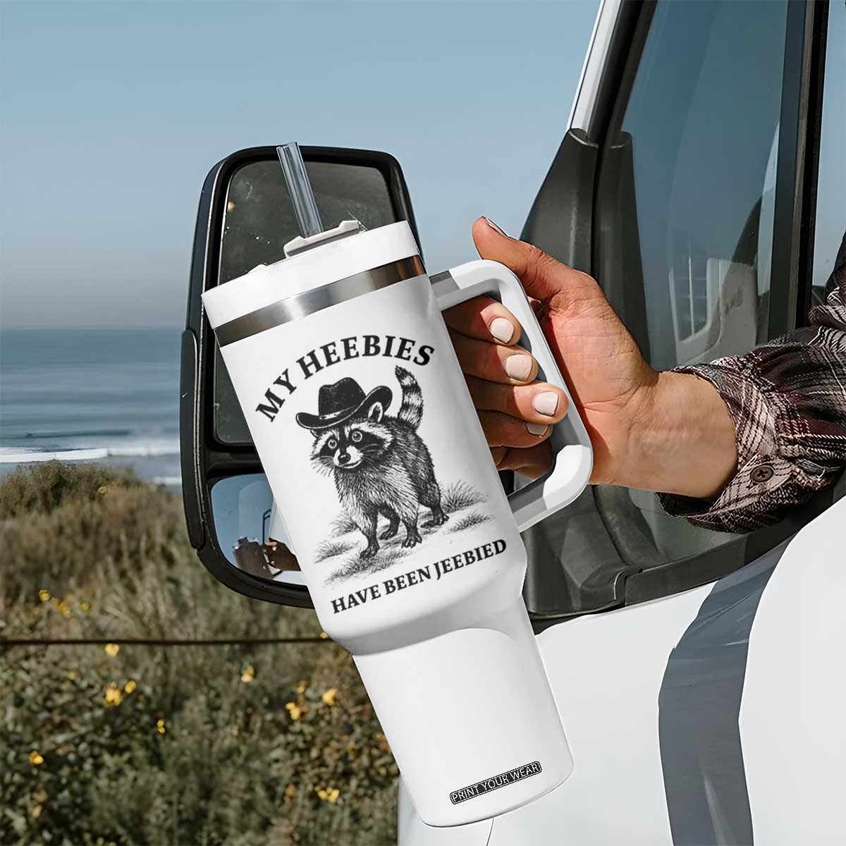 Funny Cowboy Raccoon Meme Tumbler With Handle My Heebies Have Been Jeebied TS14 Print Your Wear