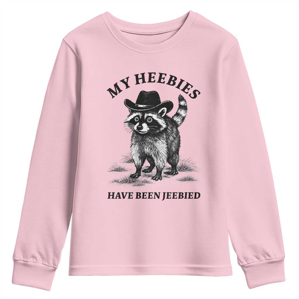 Funny Cowboy Raccoon Meme Youth Sweatshirt My Heebies Have Been Jeebied TS14 Light Pink Print Your Wear