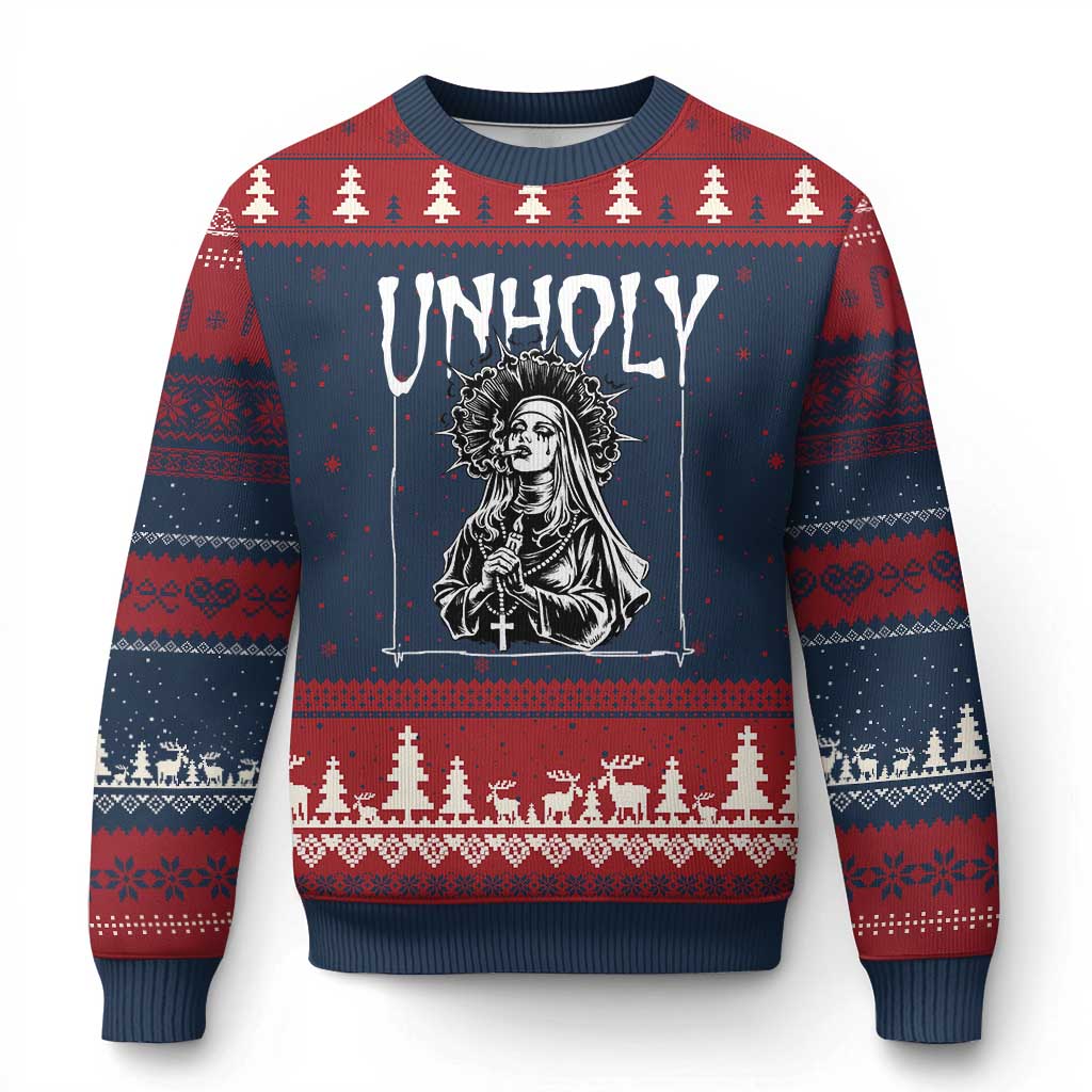 Unholy Nun Ugly Christmas Sweater Funny Horror Unholy Nun Satan Baphomet Gothic TS14 Navy Red Print Your Wear