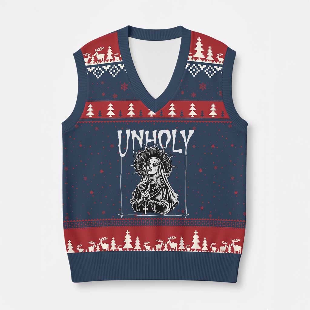Unholy Nun V-Neck Knit Sweater Vest Funny Horror Unholy Nun Satan Baphomet Gothic TS14 Navy Red Print Your Wear