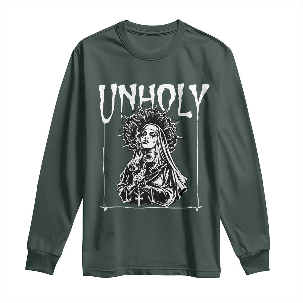 Unholy Nun Long Sleeve Shirt Funny Horror Unholy Nun Satan Baphomet Gothic TS14 Dark Forest Green Print Your Wear