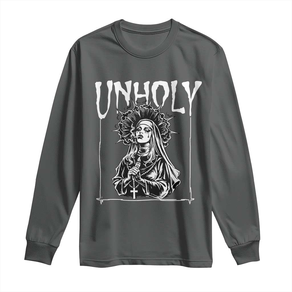 Unholy Nun Long Sleeve Shirt Funny Horror Unholy Nun Satan Baphomet Gothic TS14 Dark Heather Print Your Wear