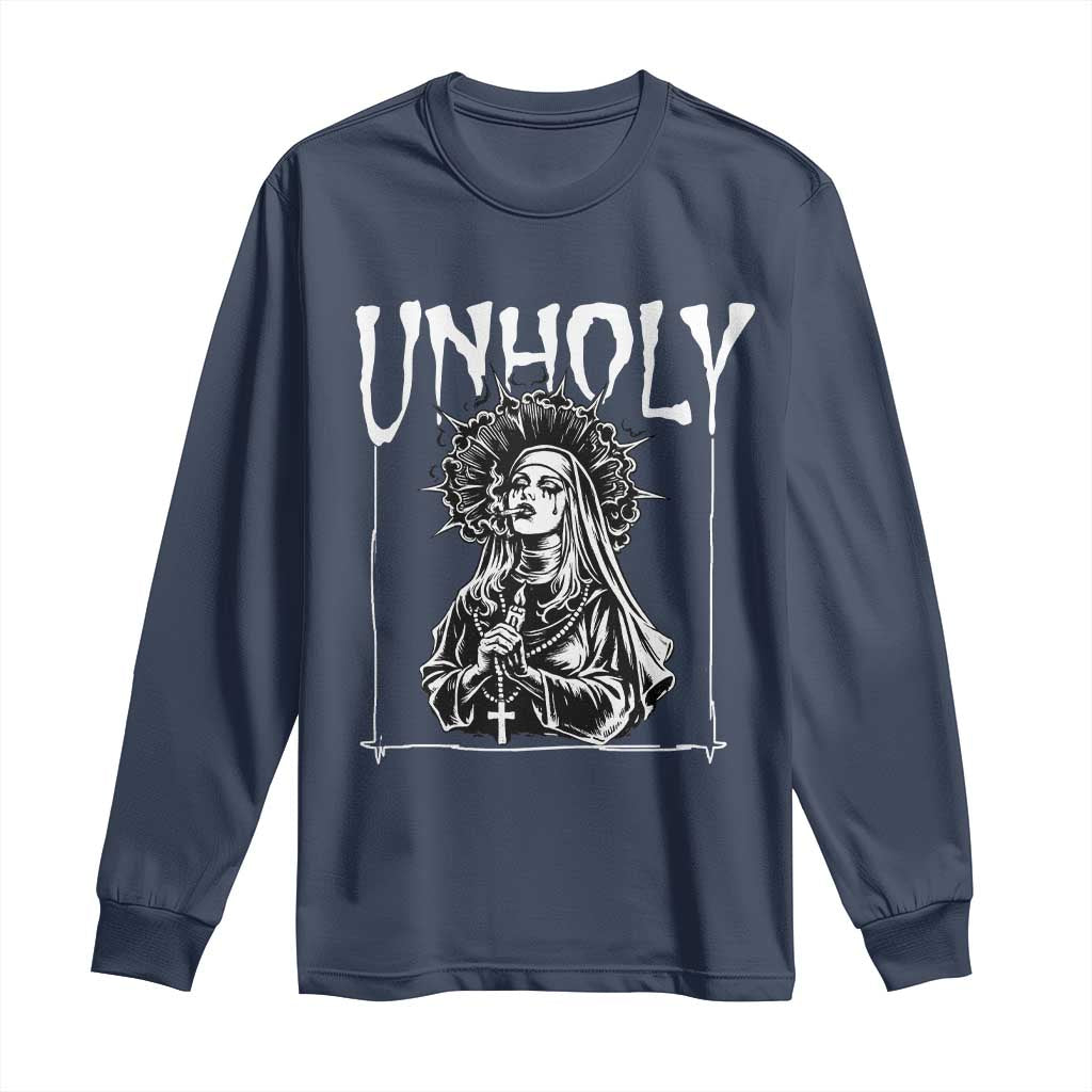 Unholy Nun Long Sleeve Shirt Funny Horror Unholy Nun Satan Baphomet Gothic TS14 Navy Print Your Wear