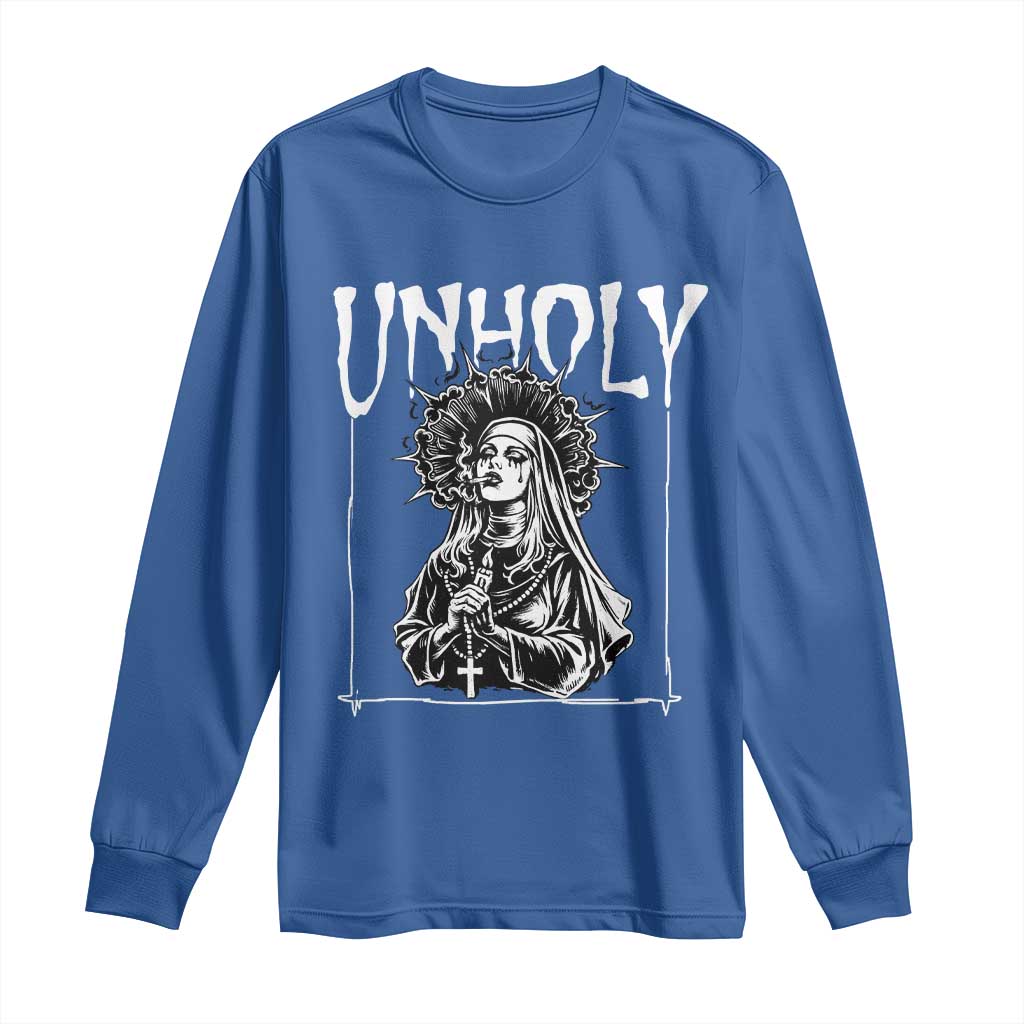 Unholy Nun Long Sleeve Shirt Funny Horror Unholy Nun Satan Baphomet Gothic TS14 Royal Blue Print Your Wear