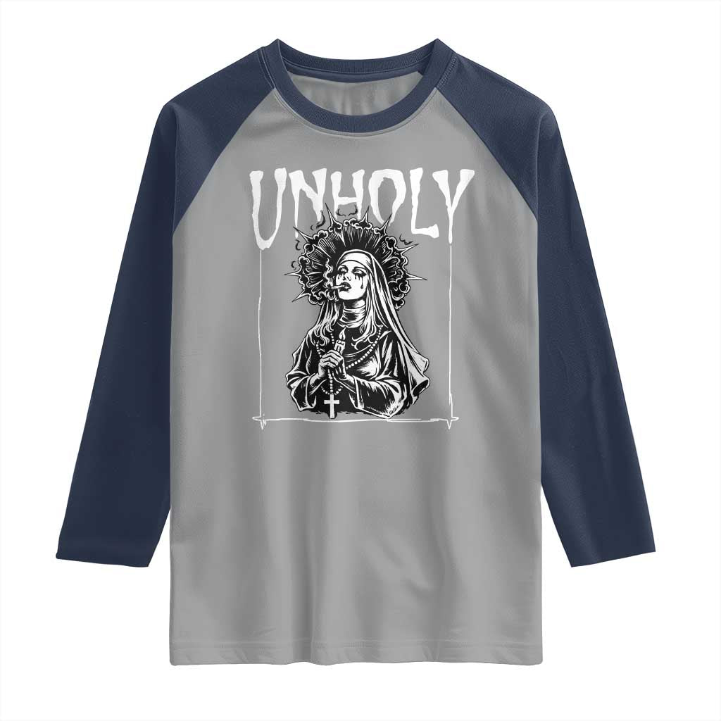 Unholy Nun Raglan Shirt Funny Horror Unholy Nun Satan Baphomet Gothic TS14 Sport Gray Navy Print Your Wear