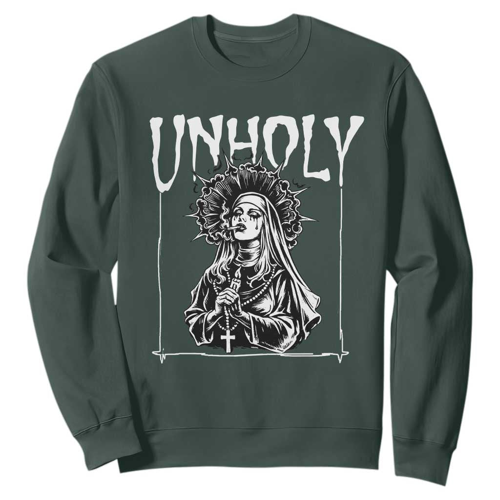 Unholy Nun Sweatshirt Funny Horror Unholy Nun Satan Baphomet Gothic TS14 Dark Forest Green Print Your Wear