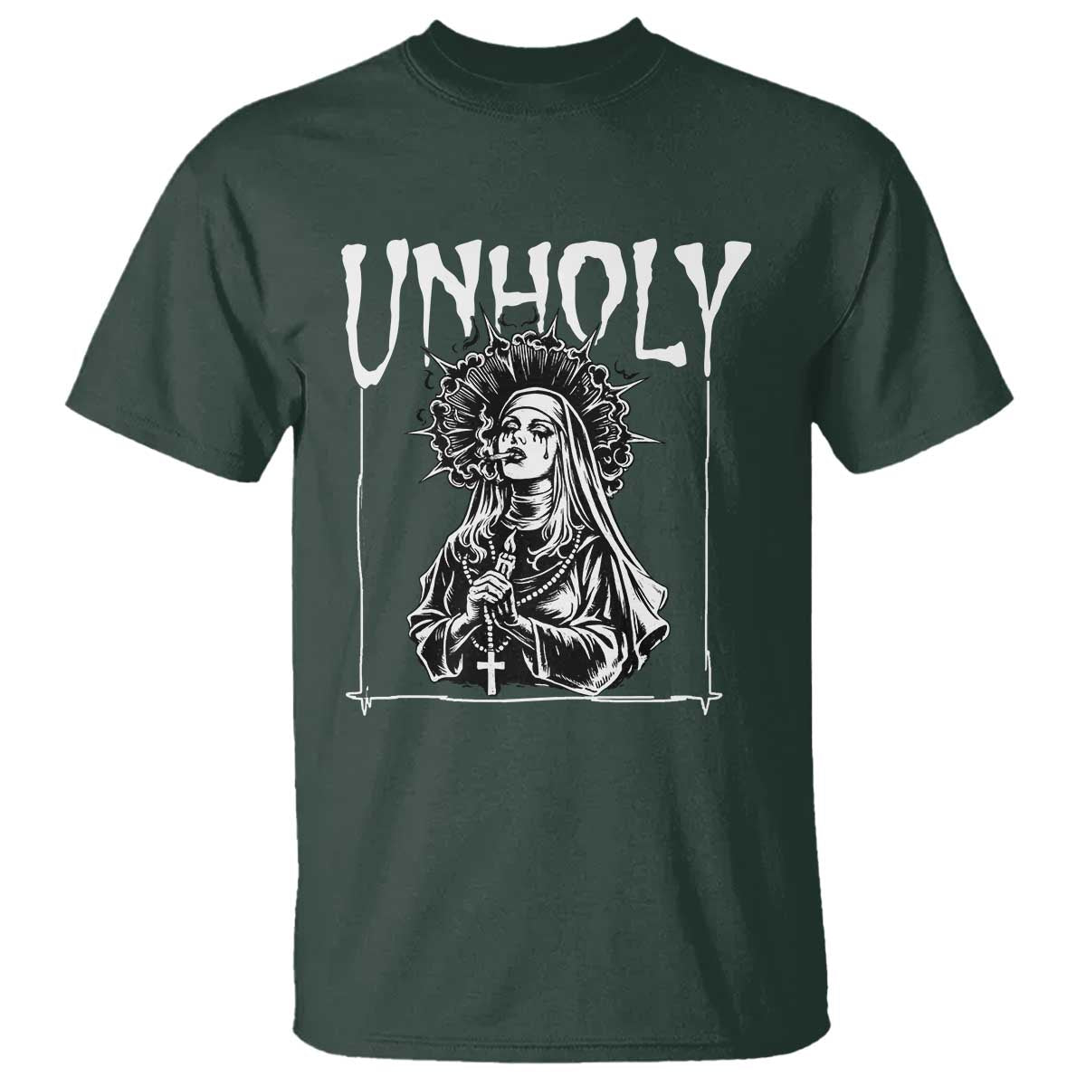 Unholy Nun T Shirt Funny Horror Unholy Nun Satan Baphomet Gothic TS14 Dark Forest Green Print Your Wear