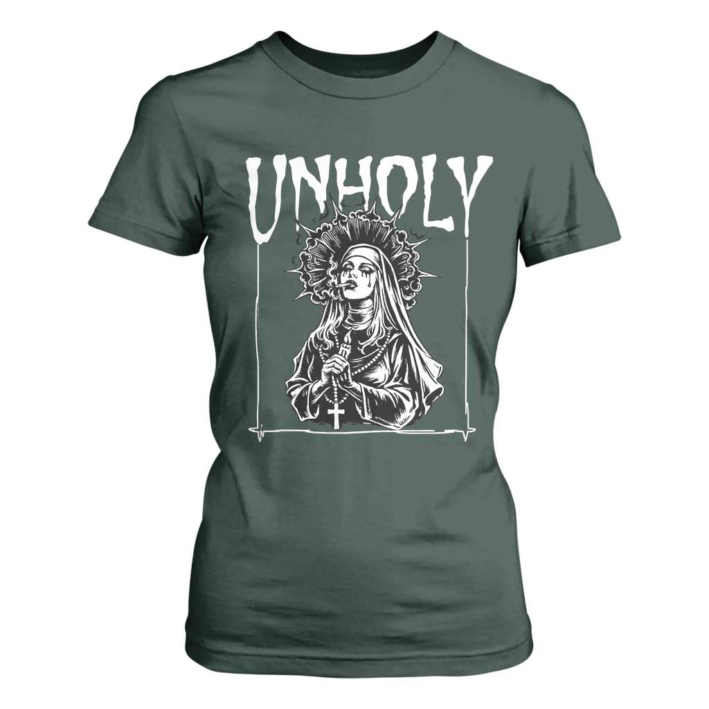 Unholy Nun T Shirt For Women Funny Horror Unholy Nun Satan Baphomet Gothic TS14 Dark Forest Green Print Your Wear