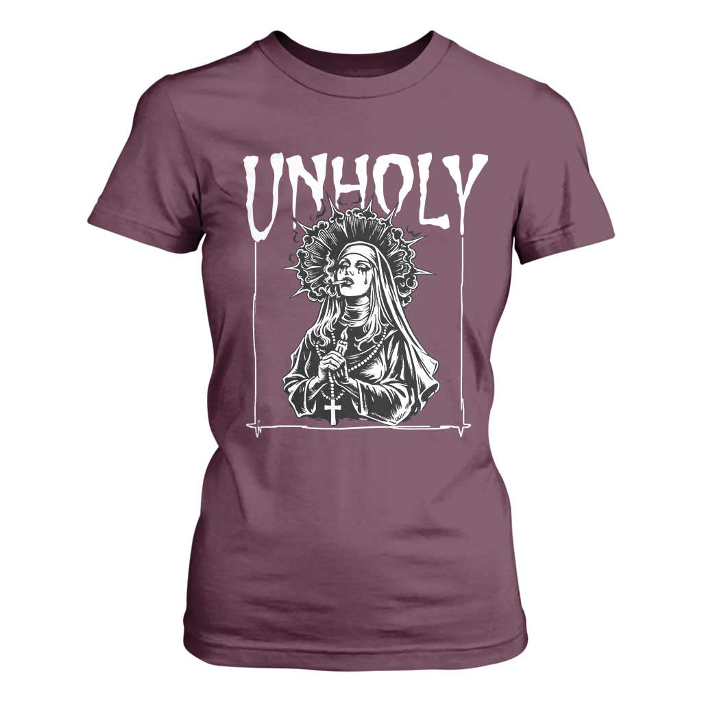 Unholy Nun T Shirt For Women Funny Horror Unholy Nun Satan Baphomet Gothic TS14 Maroon Print Your Wear