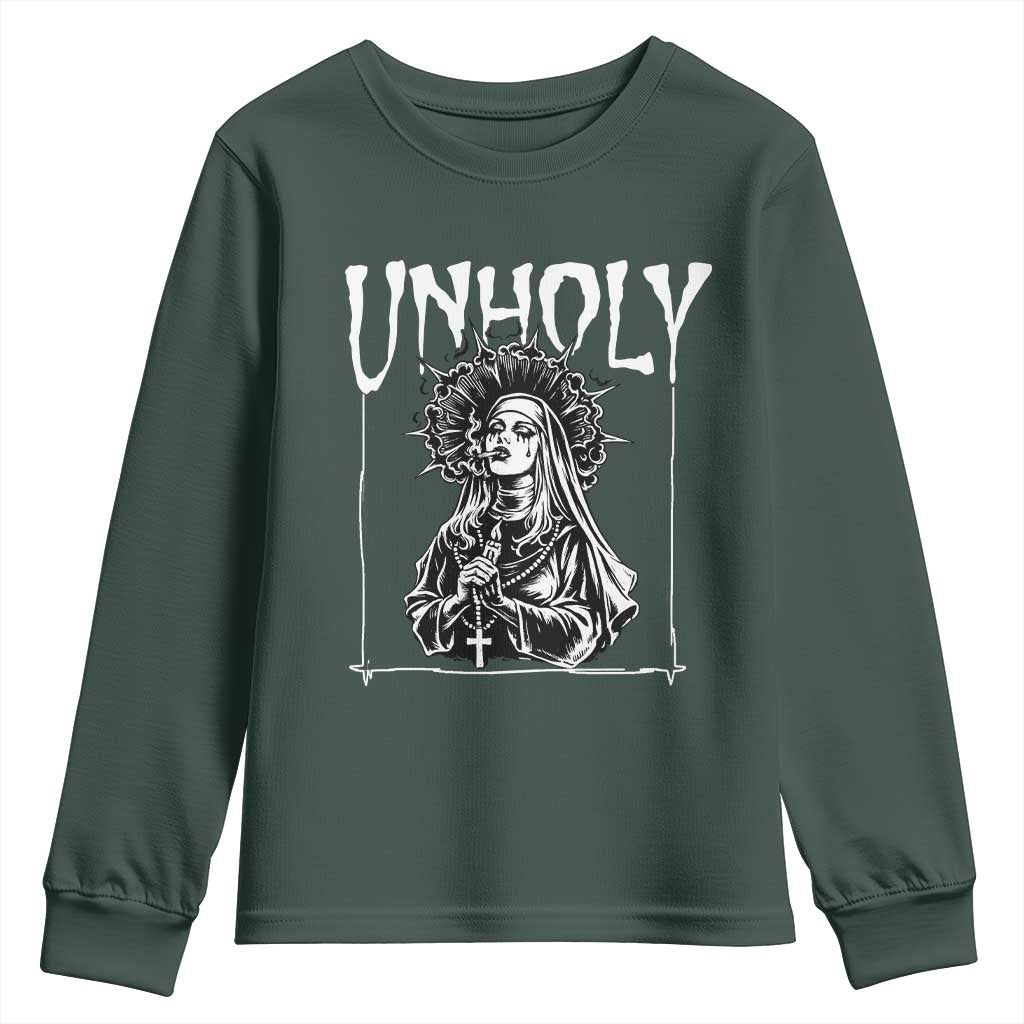 Unholy Nun Youth Sweatshirt Funny Horror Unholy Nun Satan Baphomet Gothic TS14 Dark Forest Green Print Your Wear