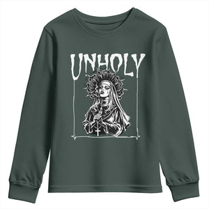 Unholy Nun Youth Sweatshirt Funny Horror Unholy Nun Satan Baphomet Gothic TS14 Dark Forest Green Print Your Wear