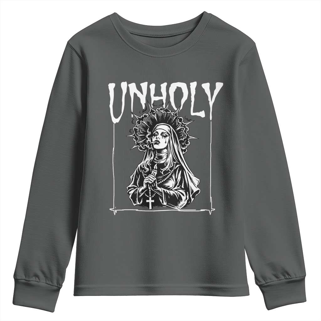 Unholy Nun Youth Sweatshirt Funny Horror Unholy Nun Satan Baphomet Gothic TS14 Dark Heather Print Your Wear