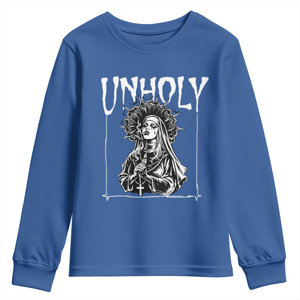 Unholy Nun Youth Sweatshirt Funny Horror Unholy Nun Satan Baphomet Gothic TS14 Royal Blue Print Your Wear