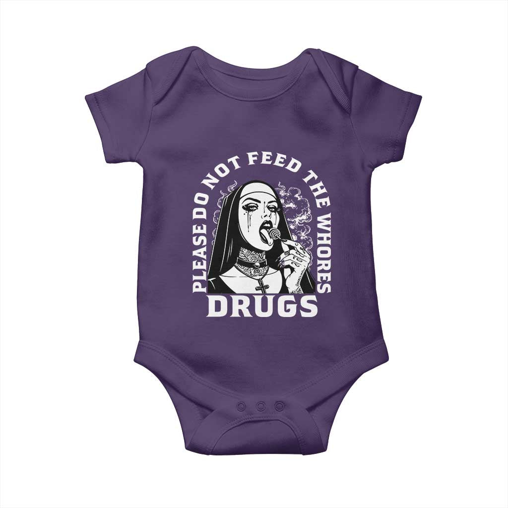 Funny Unholy Nun Baby Onesie Please Do Not Feed The Whores Drugs TS14 Purple Print Your Wear