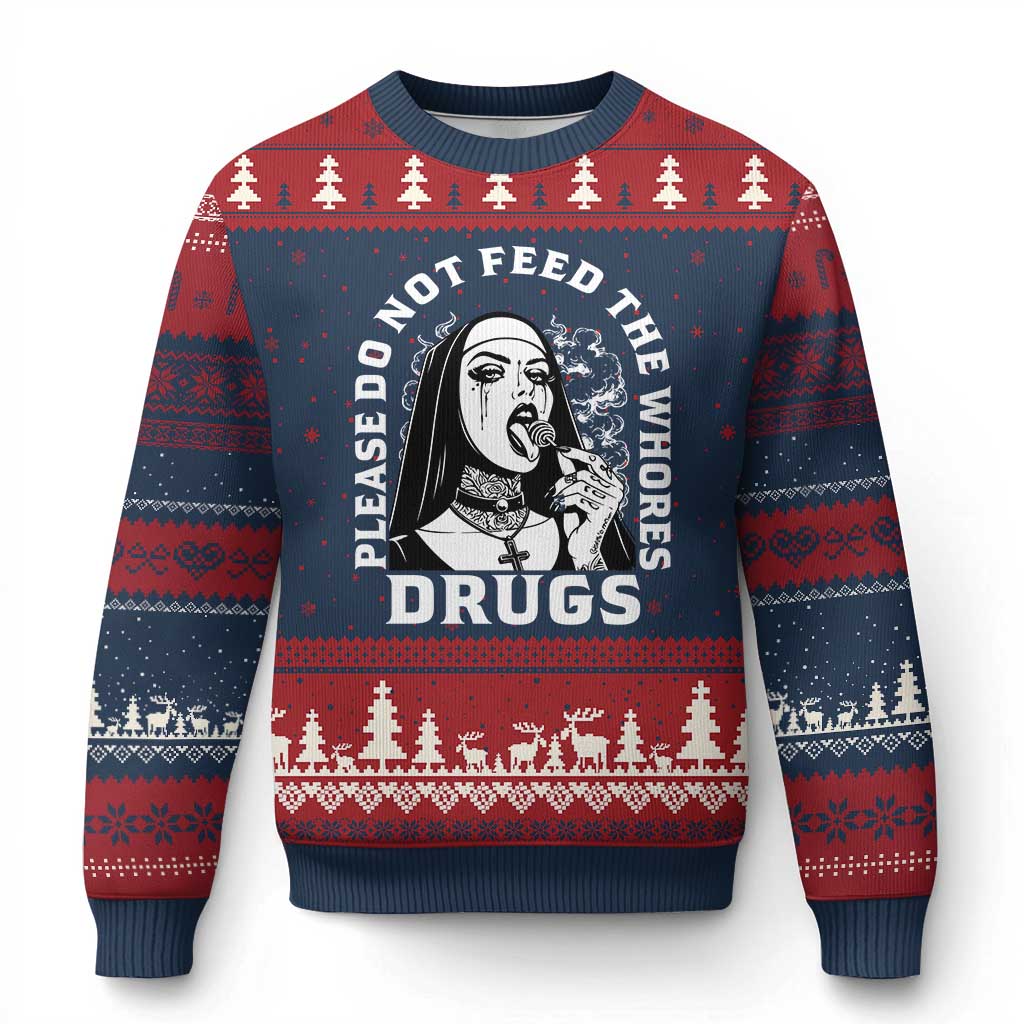 Funny Unholy Nun Ugly Christmas Sweater Please Do Not Feed The Whores Drugs TS14 Navy Red Print Your Wear