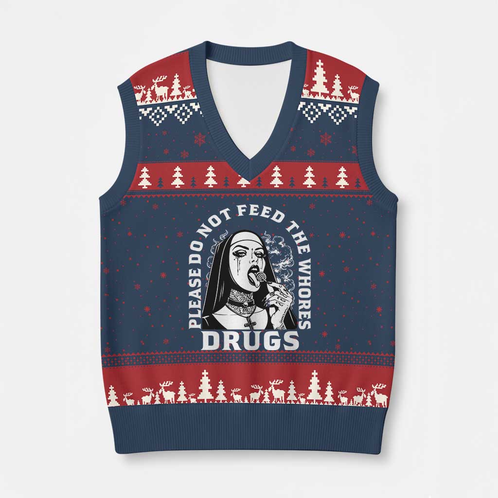Funny Unholy Nun V-Neck Knit Sweater Vest Please Do Not Feed The Whores Drugs TS14 Navy Red Print Your Wear