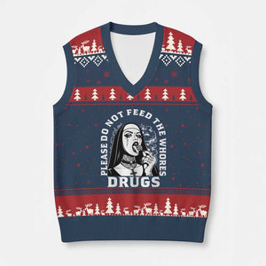 Funny Unholy Nun V-Neck Knit Sweater Vest Please Do Not Feed The Whores Drugs TS14 Navy Red Print Your Wear