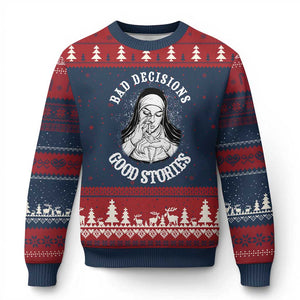 Funny Unholy Nun Ugly Christmas Sweater Bad Decisions Good Stories TS14 Navy Red Print Your Wear