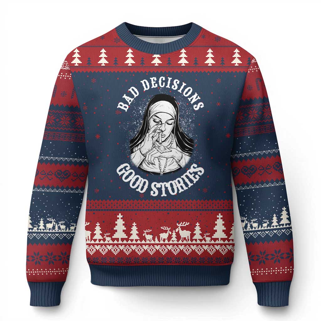 Funny Unholy Nun Ugly Christmas Sweater Bad Decisions Good Stories TS14 Navy Red Print Your Wear