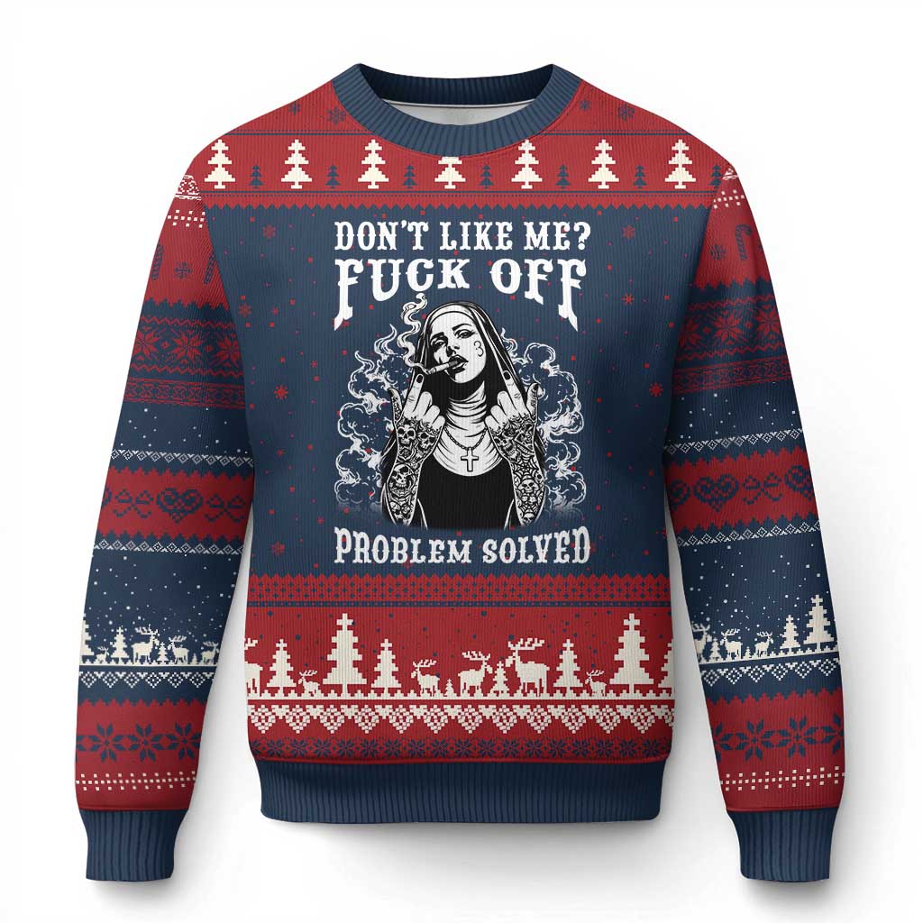 Funny Unholy Nun Ugly Christmas Sweater Don't Like Me Fuck Off Problem Solved TS14 Navy Red Print Your Wear