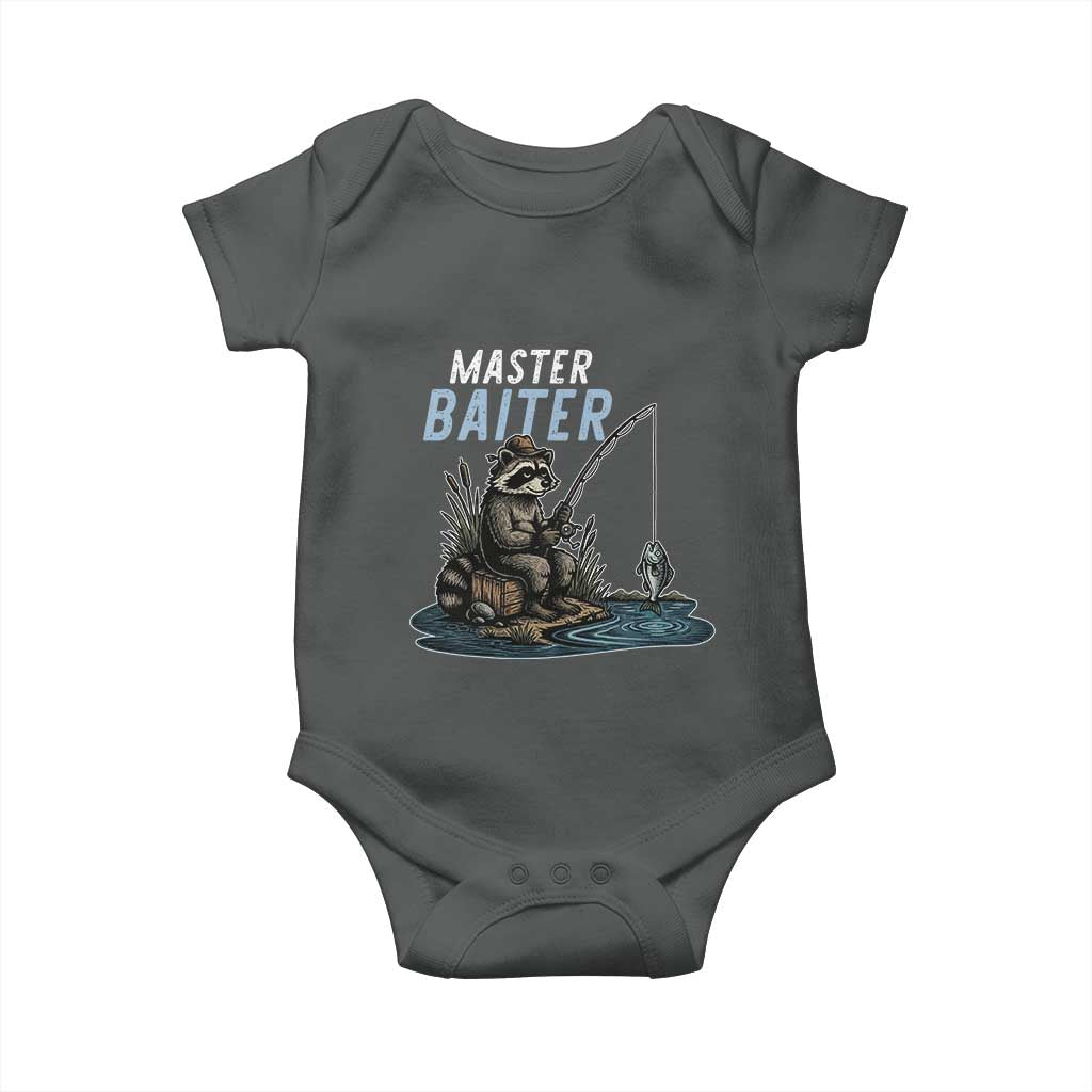 Funny Raccoon Fishing Baby Onesie Master Baiter Fisherman TS14 Dark Heather Print Your Wear