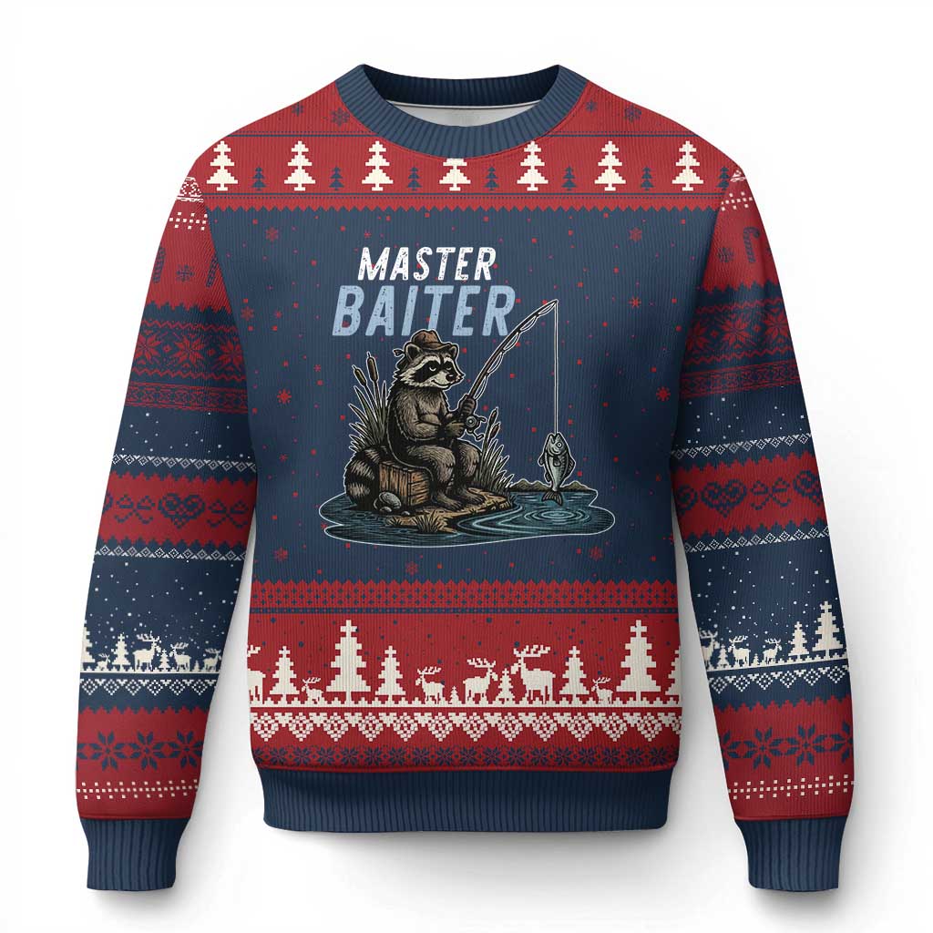 Funny Raccoon Fishing Ugly Christmas Sweater Master Baiter Fisherman TS14 Navy Red Print Your Wear
