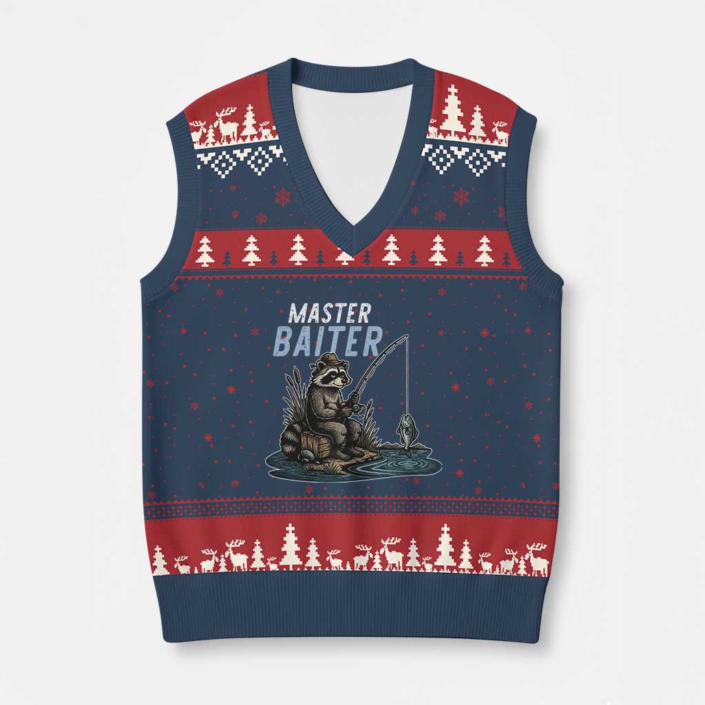 Funny Raccoon Fishing V-Neck Knit Sweater Vest Master Baiter Fisherman TS14 Navy Red Print Your Wear
