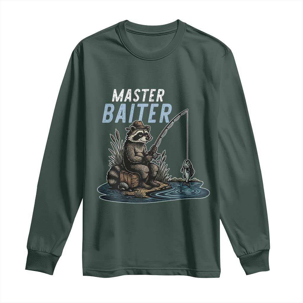 Funny Raccoon Fishing Long Sleeve Shirt Master Baiter Fisherman TS14 Dark Forest Green Print Your Wear